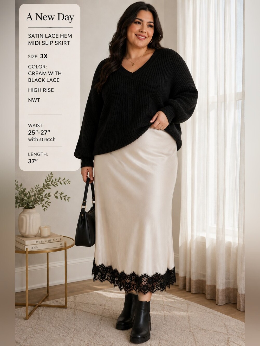 A New Day 3X Satin Lace Hem Midi Slip Skirt Cream Black Lace High Rise NWT